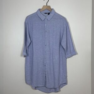Tahari Women Button Down Tunic Blouse Top M Light Blue Linen Blend 3/4 Sleeve